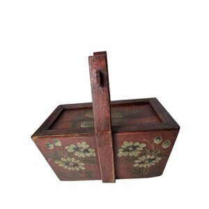 Asian Carry Basket, Wood Oriental Chinese Hand Painted Wooden Box / Sliding Lid